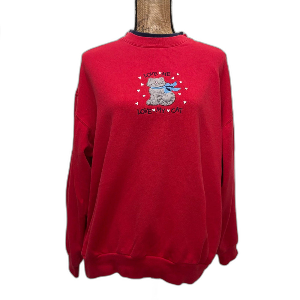 MC Sportswear Vintage 90s Collared Sweatshirt Red Love Me Love My Cat Size Large